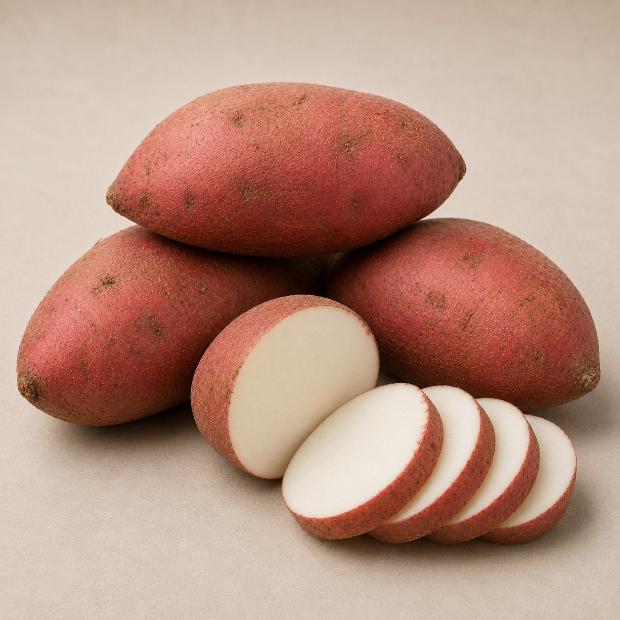 Batata fresca de Lanzarote | CROPS Import & Export S.L. Batata fresca cultivada en Lanzarote por CROPS Import & Export S.L., presentada entera y en rodajas.