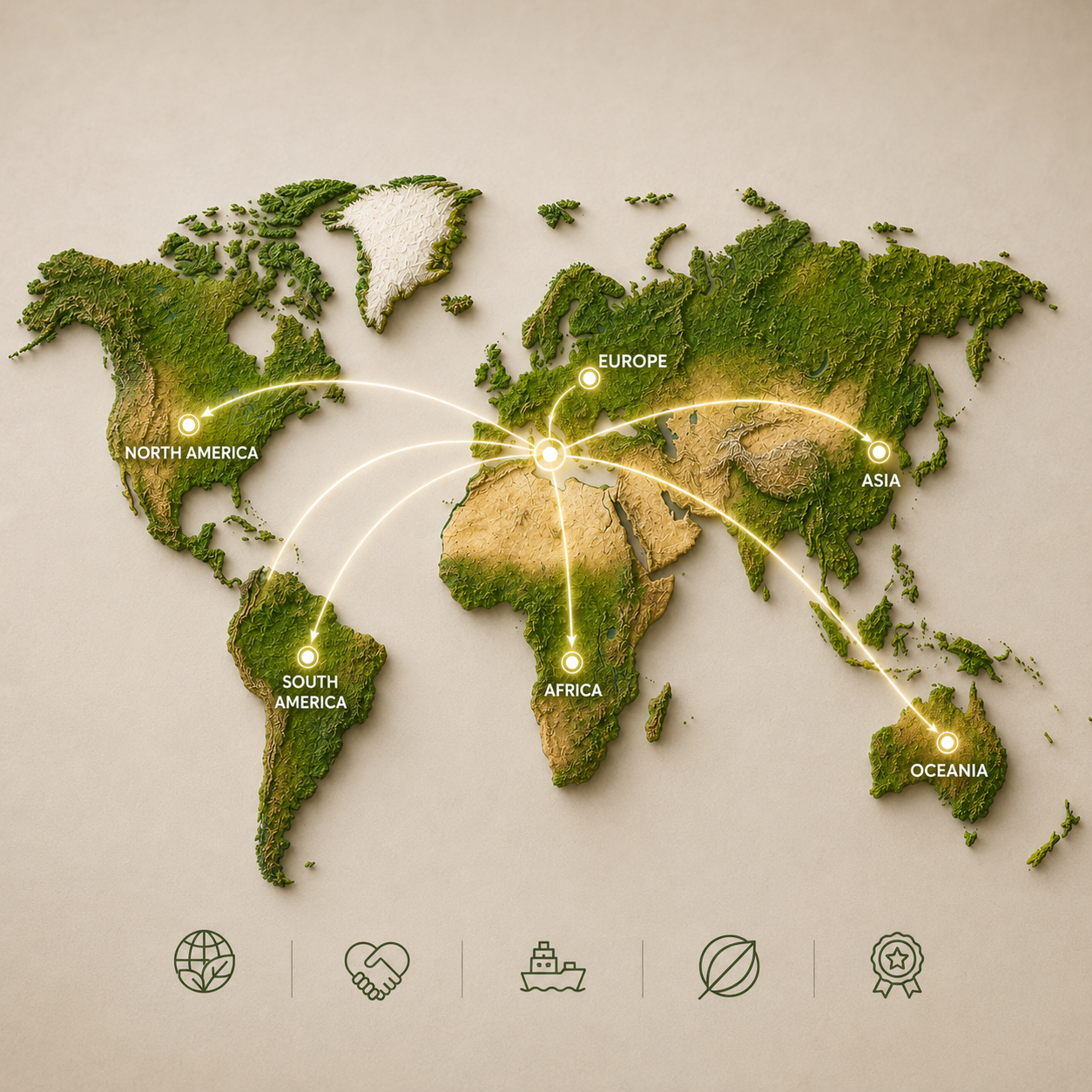Global Agricultural Export Network | CROPS Import & Export S.L. World map illustrating the global agricultural export network of CROPS Import & Export S.L., connecting Lanzarote with customers across Europe, North America, South America, Africa, Asia and Oceania.